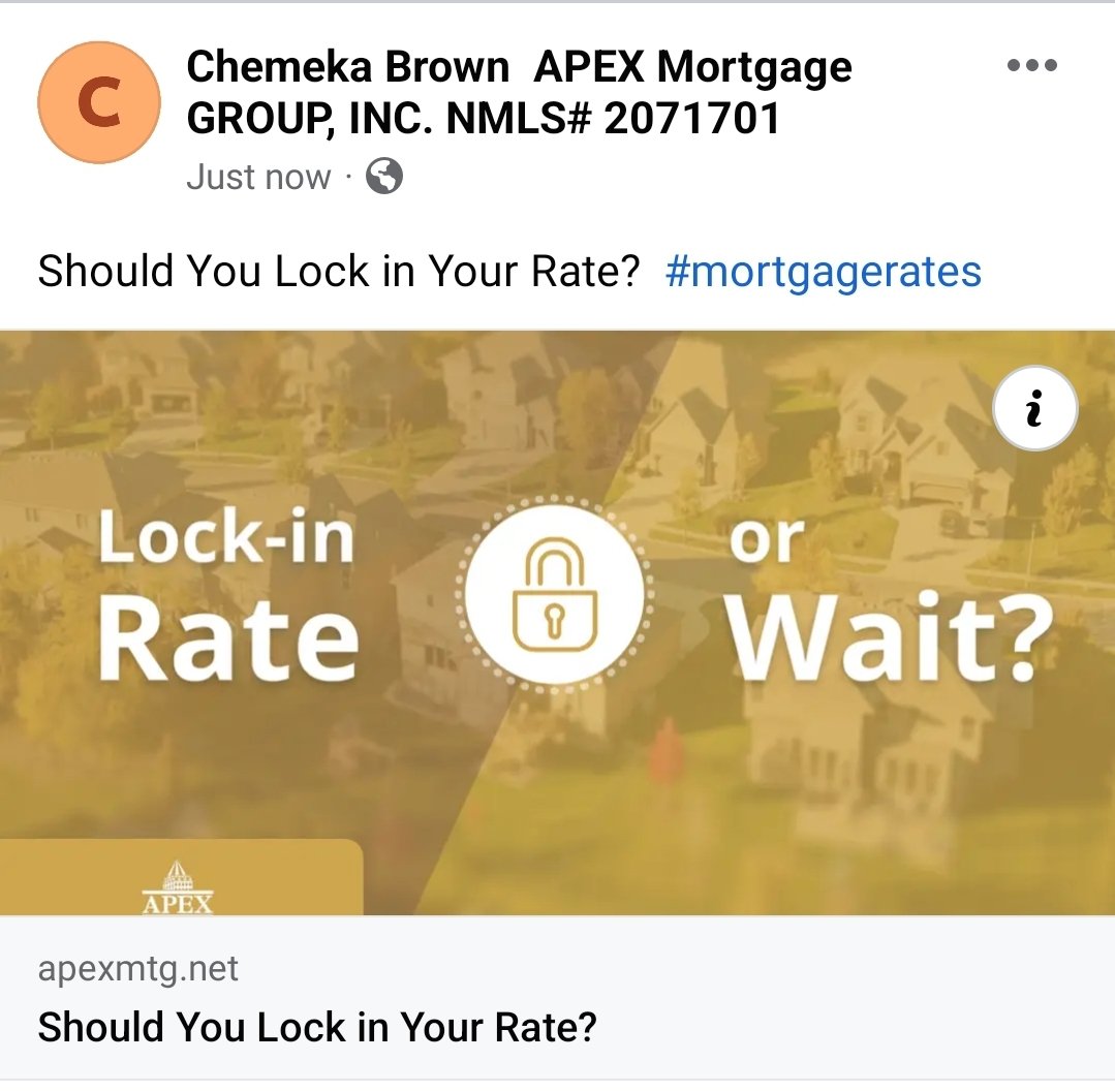 BrownChemeka's tweet image. #ApexMortgageGroup
#RateLock
#MortgageAdvisor