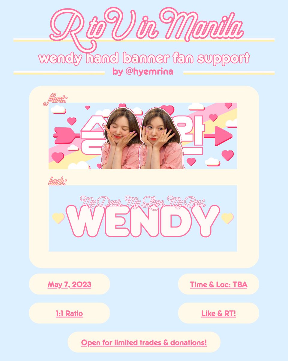 hyemrina's tweet photo. ♥︎ R to V in Manila Freebies / Giveaway
my dear, my love, my best:
— wendy hand banners by @hyemrina
↳ like & rt
↳ time & loc TBA, check thread on d-day!
↳ 1:1 ratio
↳ open for limited trades (dm)
↳ also open for donations (dm)
#RtoVinManila #RedVelvetinMNL2023 #Wendy https://t.co/tI7nR56UNy