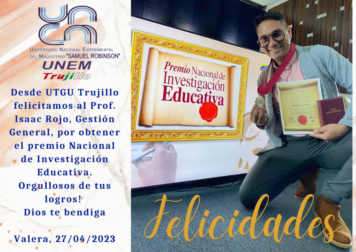 El equipo de la #UNEM y su rectora Belkis Bigott felicita al Prof. Isaac Rojo por obtener el Premio Nacional de Investigación Educativa.

¡Felicidades 🎊!

#JusticiaYReparación
<a href="/NicolasMaduro/">Nicolás Maduro</a> 
<a href="/_LaAvanzadora/">Yelitze Santaella</a>
<a href="/sandraoblitasr/">Sandra Oblitas Ruzza</a>
<a href="/MPPEUVEN/">MPPEU</a>
@MPPEDUCACION