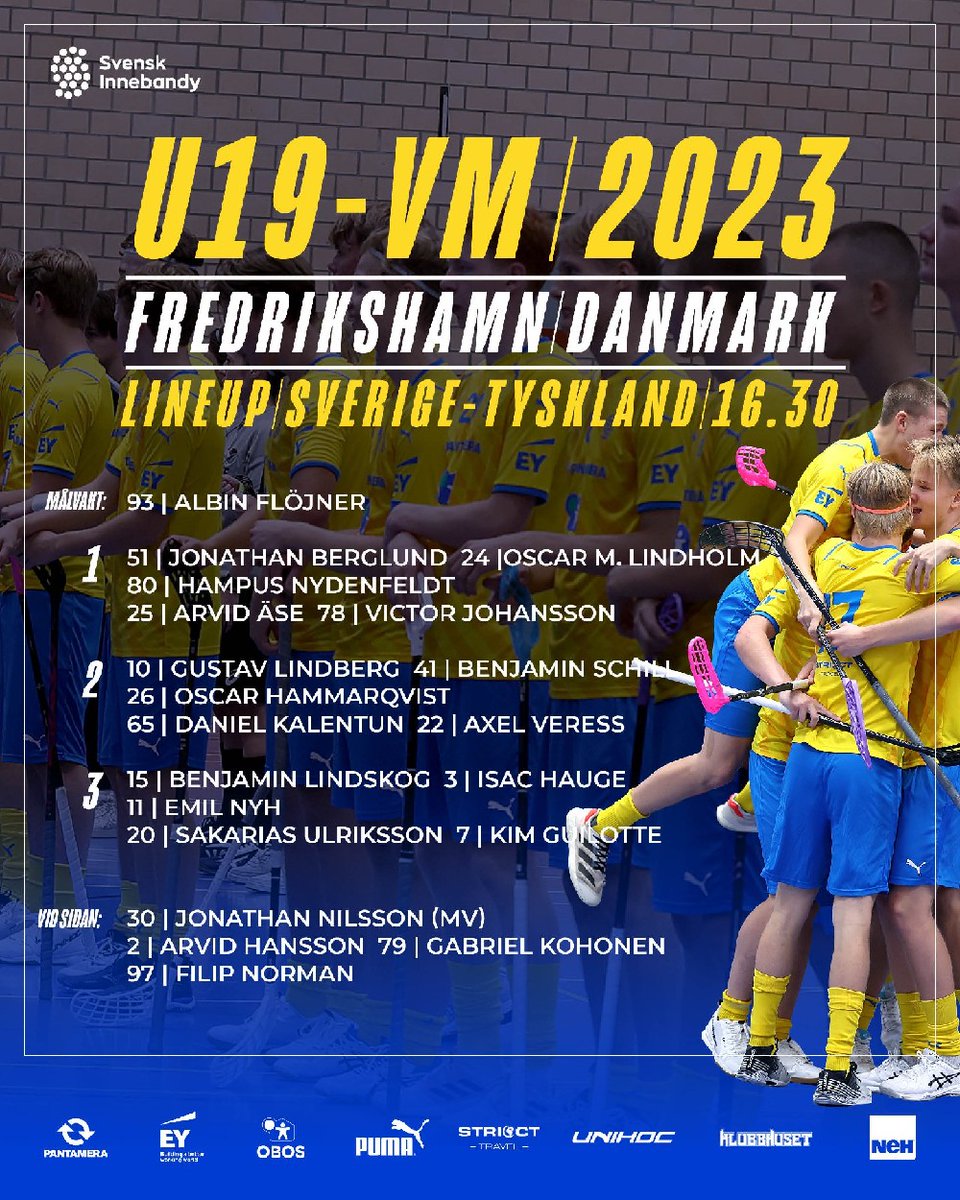 svenskinnebandy's tweet photo. 💥 Klockan 16.30 inleder U19-herrlandslaget avslutningen på gruppspelet i VM i Fredrikshamn, Danmark. Sverige ställs idag mot Tyskland och så här har förbundskapten Jonatan Brolin valt att ställa upp laget.
#innebandy #floorball #U19WFC2023 #FairFloorball #Frameforthefuture https://t.co/Rs51Dsi6j7