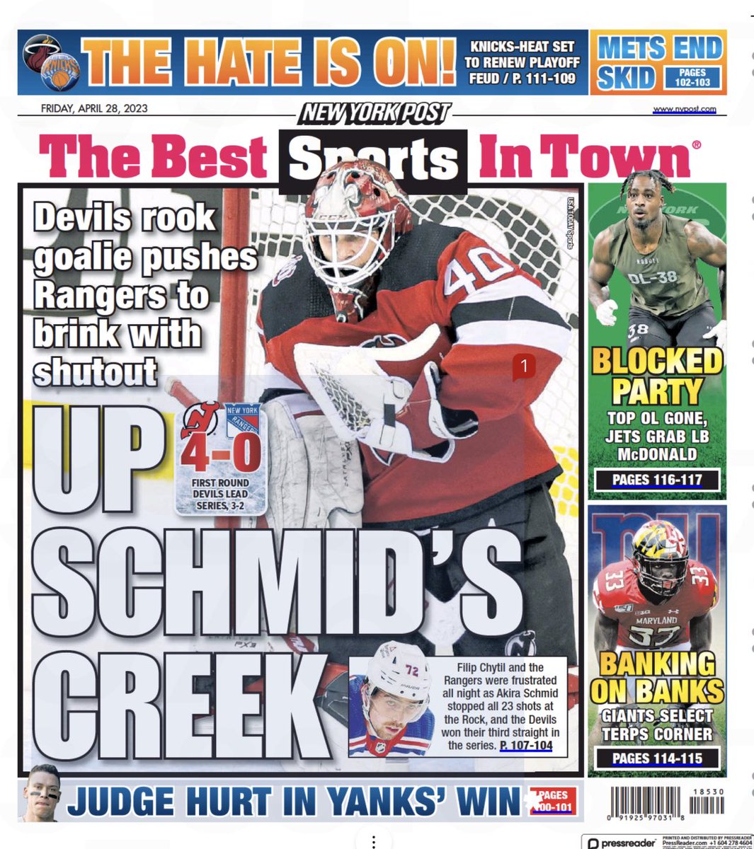 MollieeWalkerr's tweet image. #NJDevils and their 3-2 series lead over #NYR take the back page of today’s @nypost ⬇️