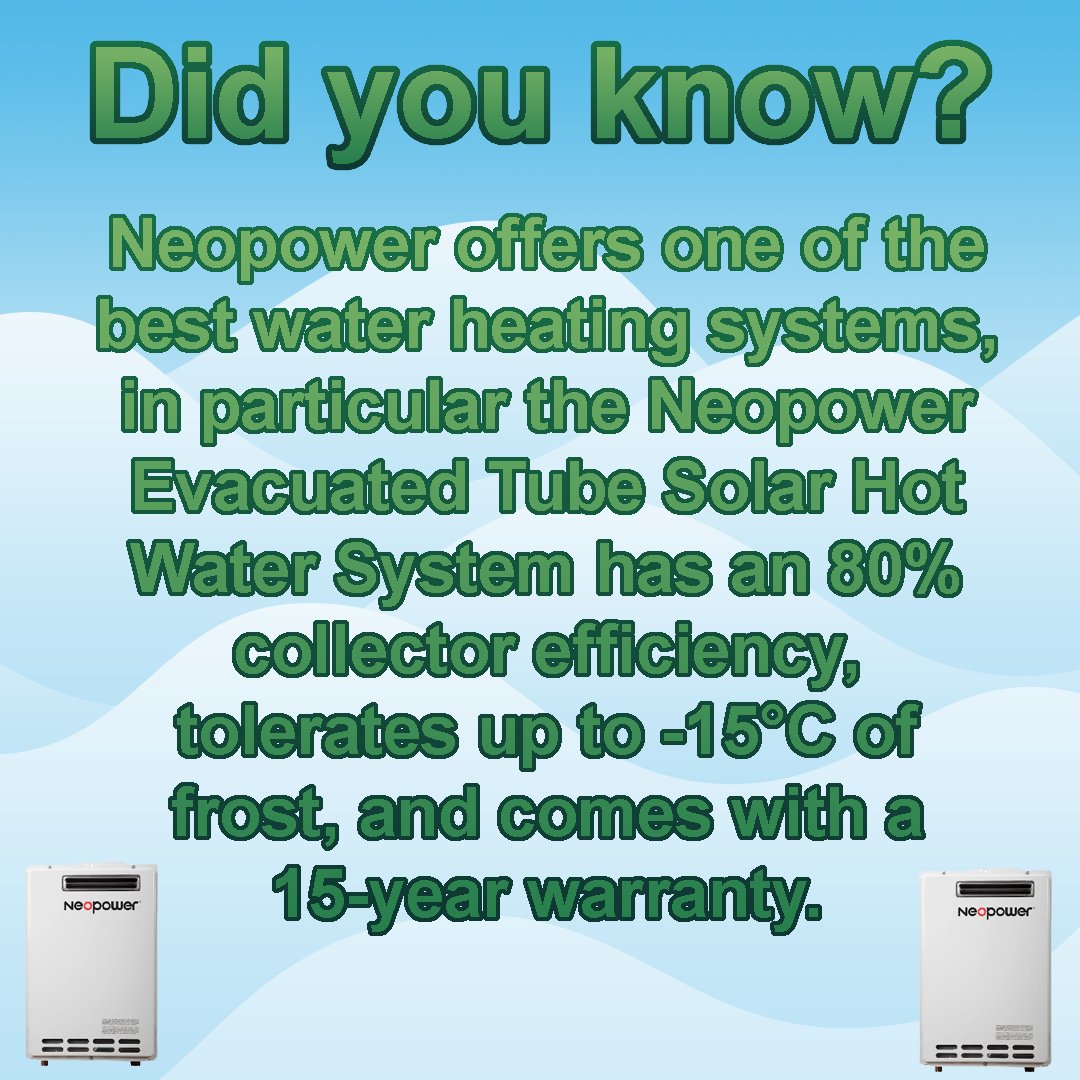 Here's a fun little fact about Neopower and one of their best solar water heating systems. Which brand do you use? #EnergySavings #GreenLiving #EnergyConservation #RenewableEnergy #EnergyRatings #HouseholdAppliances #SustainableLiving #EnergyEfficiency