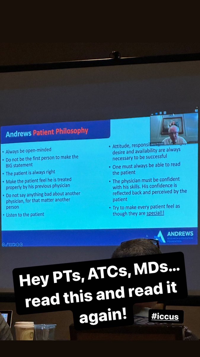 My treating philosophies that I learned from Dr Andrews. Great to hear him lecture our sports medicine group today. #iccus