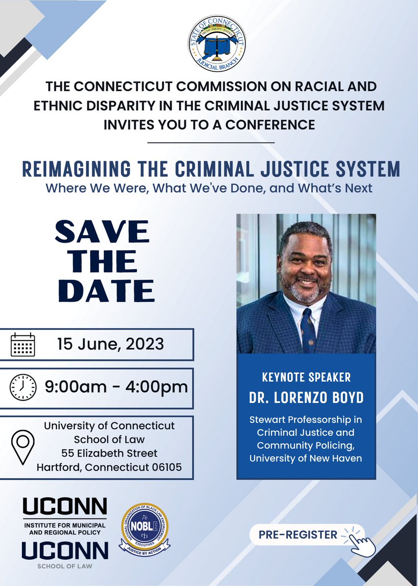 'Reimagining the Criminal Justice System: Where We Were, What We've Done, and What's Next'  
Thursday, June 15, 2023 - 9:00am-4:00pm 
University of Connecticut School of Law @UConnLaw  
Pre-Register here! tinyurl.com/yvxvky6a