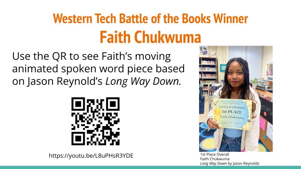 Westerntechlib's tweet photo. Check out Faith’s winning WT Battle of the Books project based on @JasonReynolds83 Long Way Down!

https://t.co/J7T8T70NOp https://t.co/sTjjfBsLz4