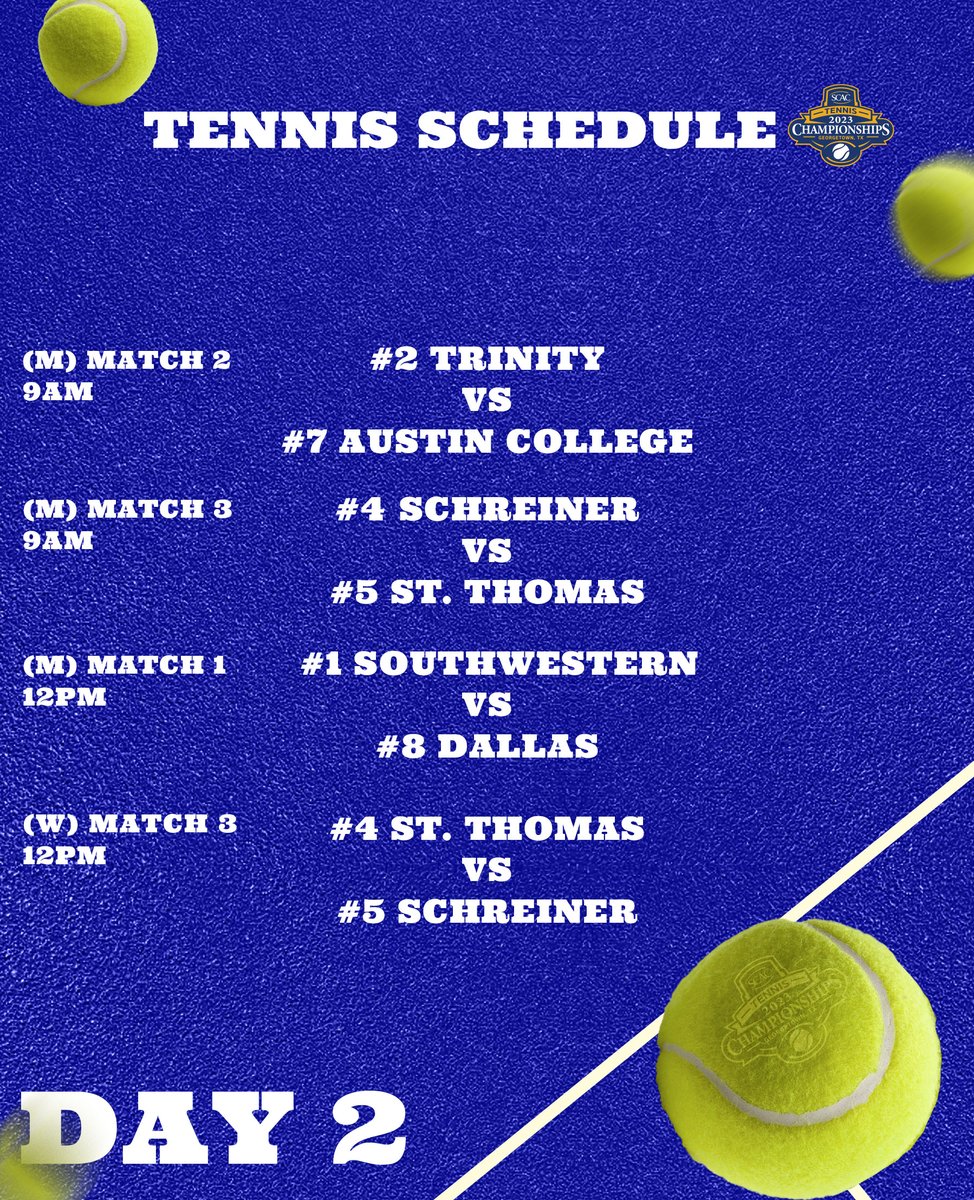 SCAC_Sports's tweet photo. The Men's and Women's SCAC Tennis Championships! 🎾 Day 2 🎾

Tune in  
📺| https://t.co/LjJRHT8VnK 

#SCACChamps | #SCACTen | #SCACPride https://t.co/5IkyR6AZcx