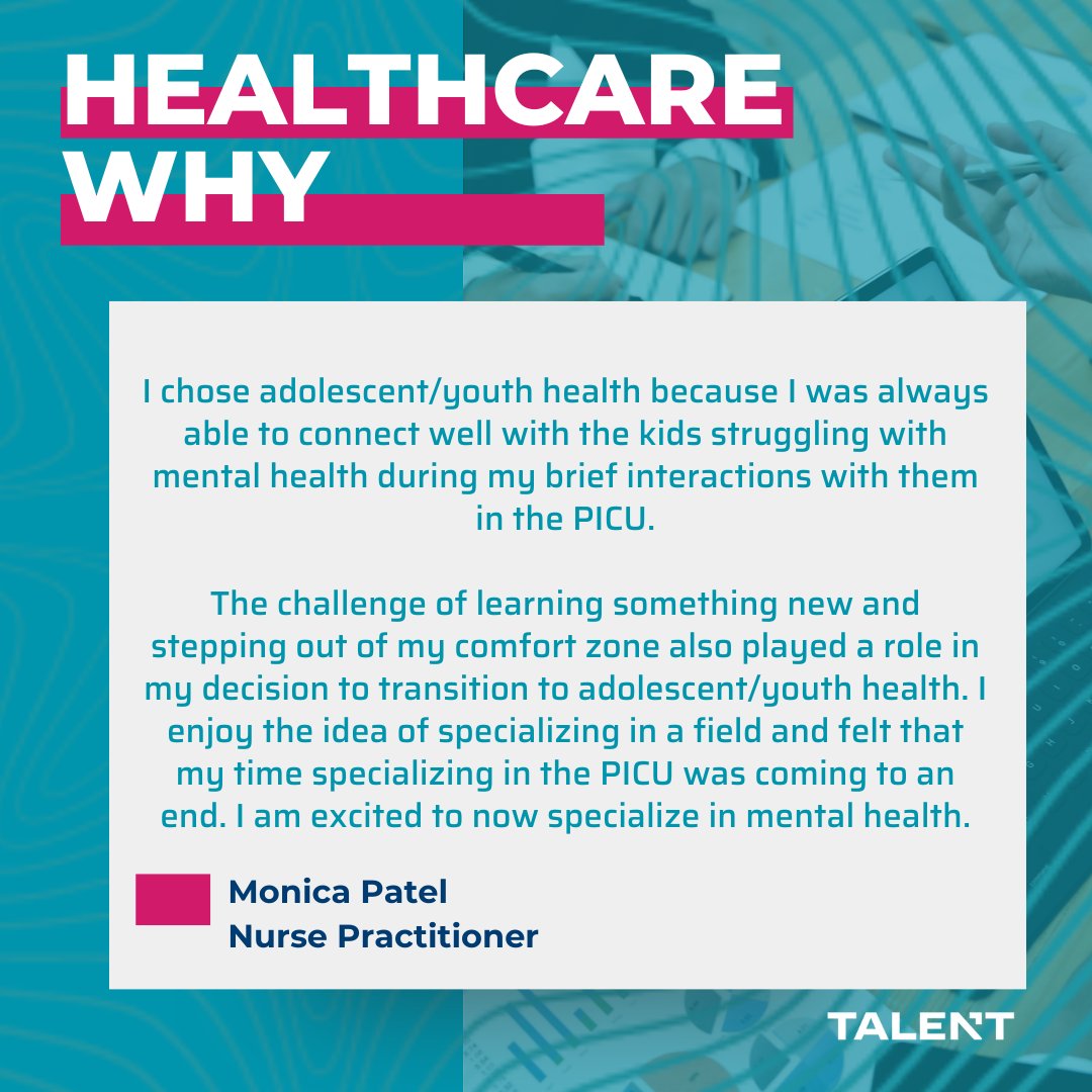 Monica Patel has enrolled in our Mental Status Assessment microcredential. She shared her personal healthcare why, which is what led her to take a TALENT microcredential. Enroll in any of our microcredentials to specialize in mental health and share your own healthcare journey!