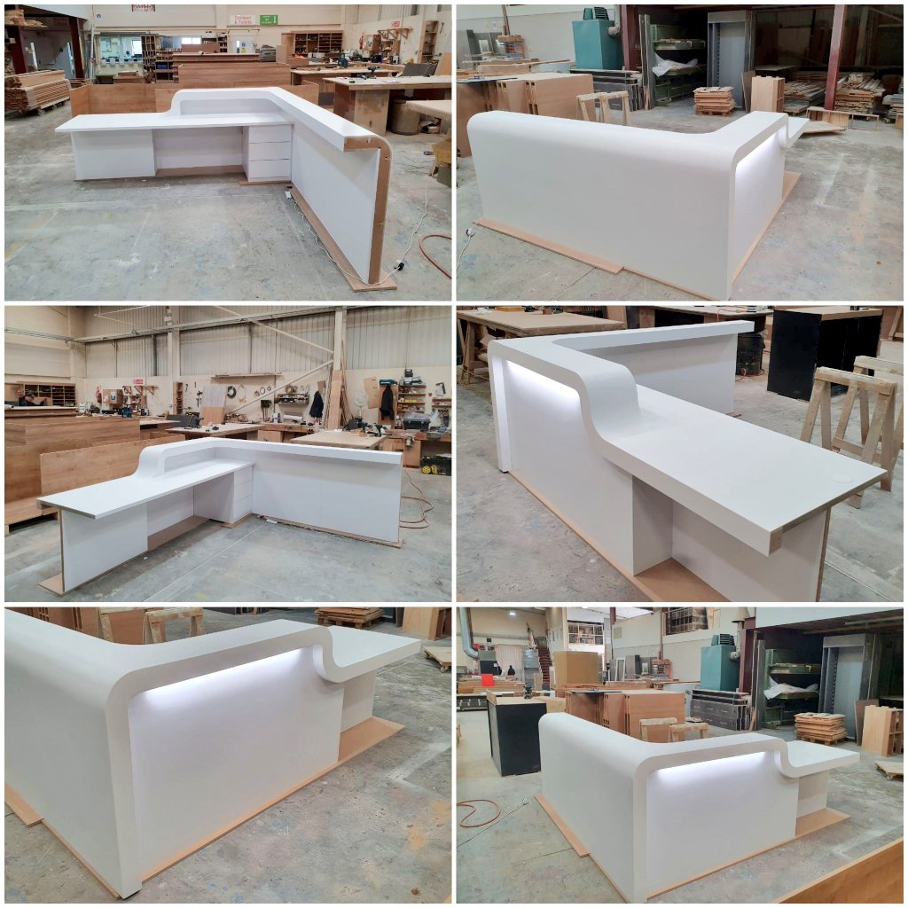 Nurse Base Desk clad in Corian Glacier White with LED lighting.
#madeinhull