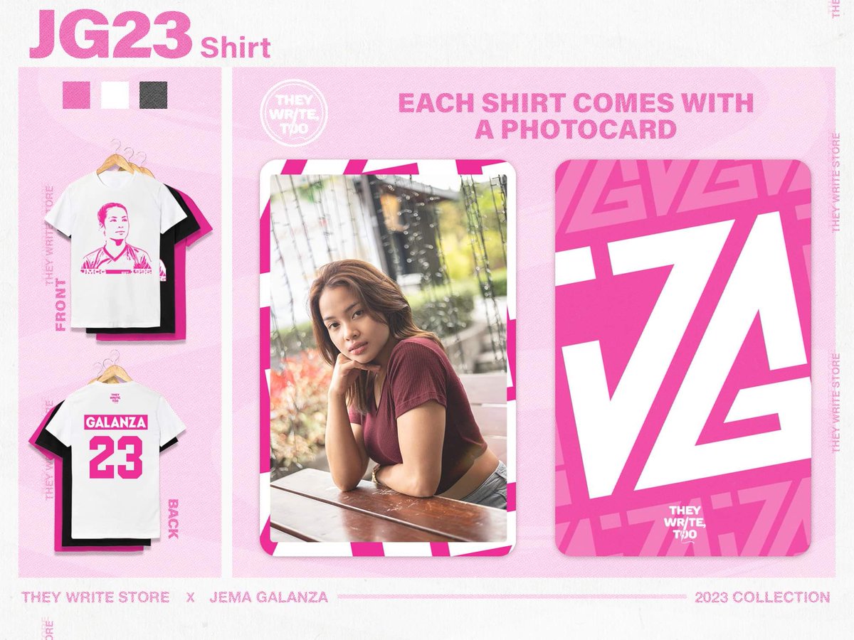 theywriteSTORE's tweet photo. Our Jema Galanza merch is available in colors black and white! Get the JG stans uniform before the next PVL conference begins! STILL COMES WITH A SIGNED PHOTO CARD PER SHIRT! 💞 #theywritestore

LINK: https://t.co/f1YivobAKZ