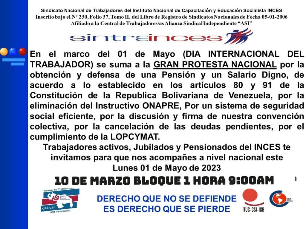 Sintrainces's tweet photo. La seccional de @Sintrainces #LaGuaira convoca a los trabajadores de @Incesocialista  en ese estado a sumarse a la protesta nacional por un salario y una pensión digna incorporar  lleva tu pito tu pancarta tu corneta y reclama tu derecho PROTESTAR NO ES UN DELITO ES UN DERECHO https://t.co/YYlwhgENgj