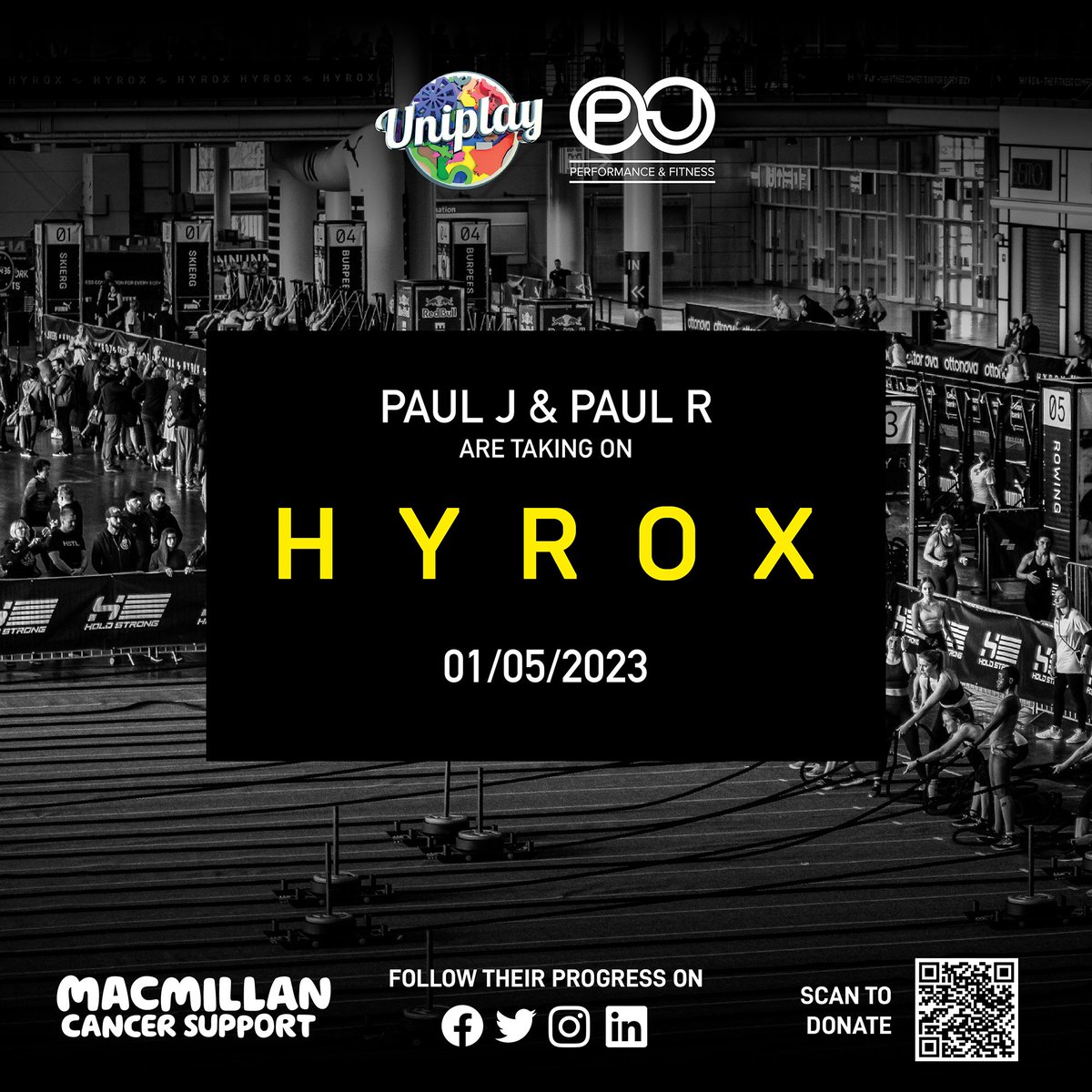 Final good luck to Paul Riley &amp; Paul Johnson for taking on HYROX this weekend!🤞

For any last-minute sponsors/donations towards Macmillan Cancer Support, please visit - rb.gy/u1hh1u

Unfortunately, due to a broken rib, Mike is now unable to participate.🤕