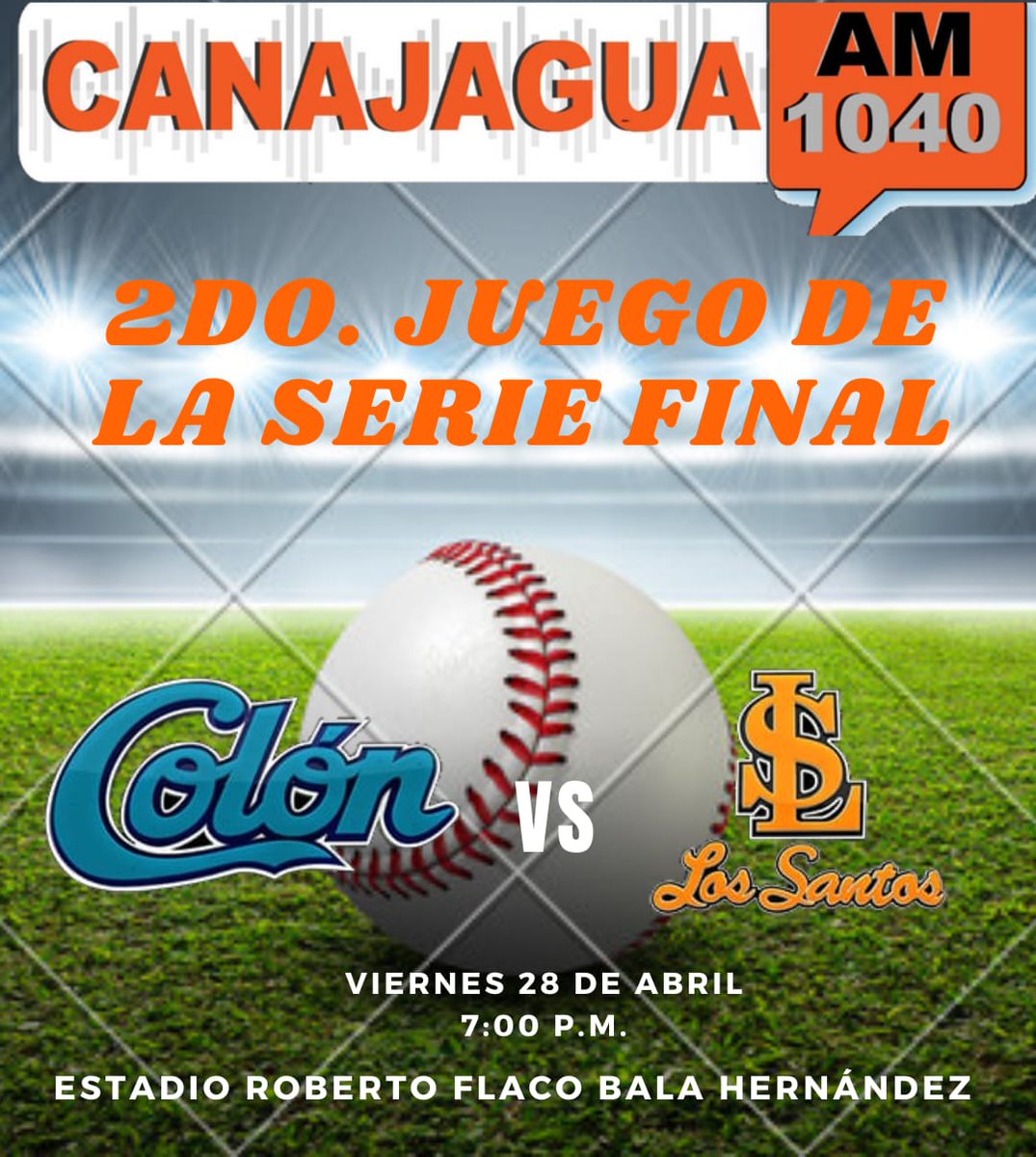 Segundo partido de la Gran Final del Campeonato Nacional de Béisbol Mayor, en donde el equipo de Los Santos recibe al equipo de Colón desde las 7:00 p.m. en el Estadio Roberto Flaco Bala Hernández, en la narración Carlos Ortíz, comentarios Domingo Mingo Castillo y Gustavo Durán.