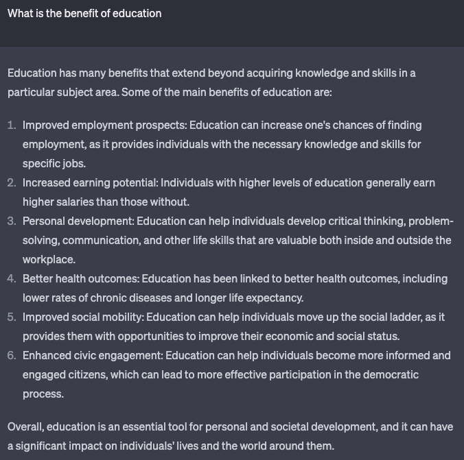 arpanps's tweet photo. Tried #ChatGPT with some basic questions about  #Education https://t.co/cSIuhGpO5W