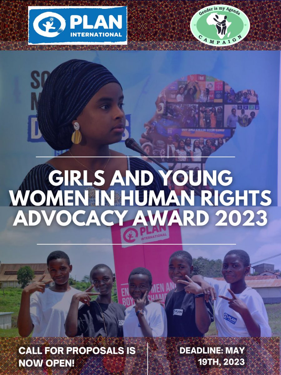 Applications are open for the Girls and Young Women in advocacy.
The award aims to recognize and support innovative continental advocacy efforts by Girls and Young Women on human rights issues. Apply below 👇🏾
forms.gle/WRyXmtGahwDP5d…
<a href="/PlanAULiaison/">Plan International African Union LO</a>  <a href="/GimacNetwork/">GIMAC Network</a>
