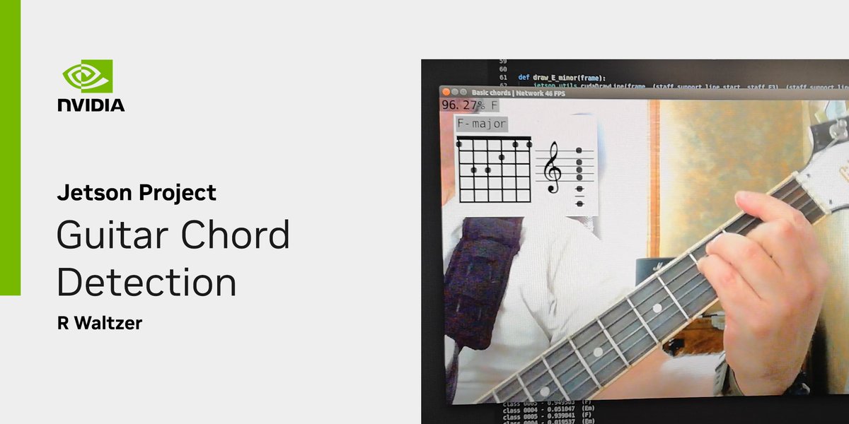 NVIDIARobotics's tweet photo. #WeeklyJetsonProject: Need a reason to learn the guitar again? Detect guitar chords using NVIDIA Jetson Nano and a camera. Trained on Imagenet, this project displays recognized chords in tablature and staff notation formats. https://t.co/R6fz5SRhm1 https://t.co/Bs5K1FclTp