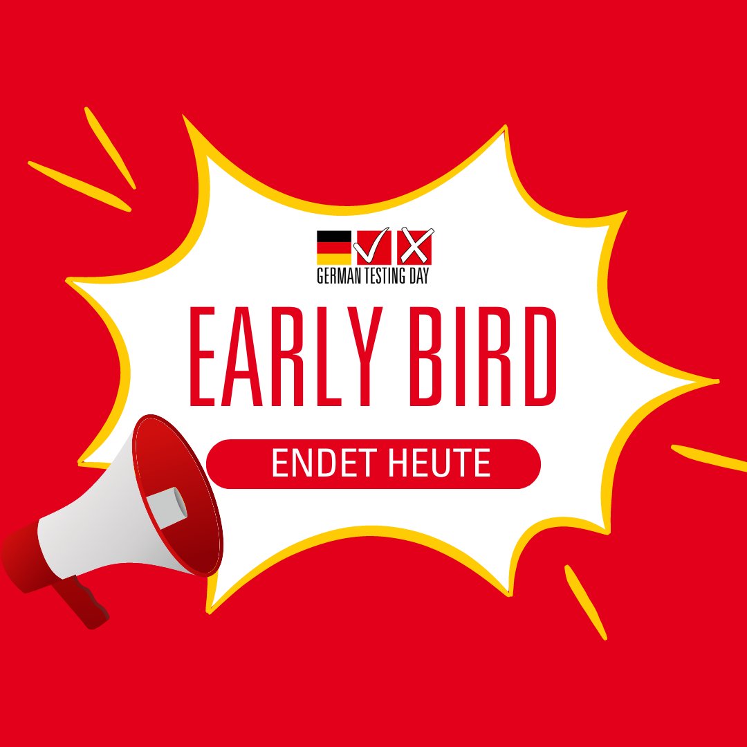 GermanTesting's tweet photo. 📢Achtung! Achtung! Eine wichtige Durchsage an alle Tester:innen:

Heute -und zwar nur noch heute- kannst Du Dich mit dem Early Bird Vorteil für 795,-EUR zum German Testing Day im Mai anmelden! 💥

#GermanTestingDay #Frankfurt #Testing https://t.co/Qyug6zyJfW
