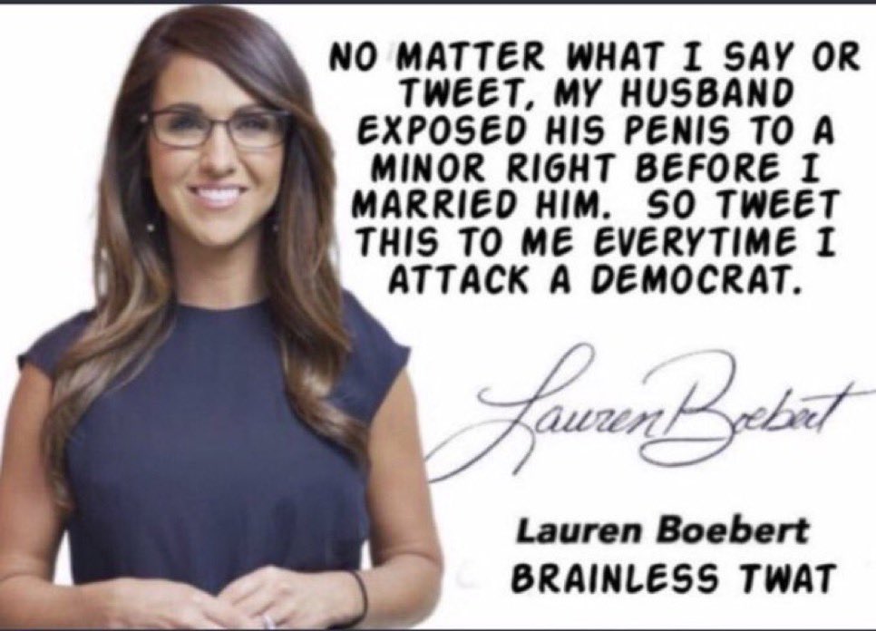 illuminate_z's tweet photo. @RepBoebert Awww…. Isn’t that cute!
The harlot and #WifeOfAPedo wants to point fingers.

BTW - how’s things with your son and that 15yr old he impregnated?

#LaurenBoebertIsSoDumb 
#BobbleheadBoebert https://t.co/oaKXVxlId7