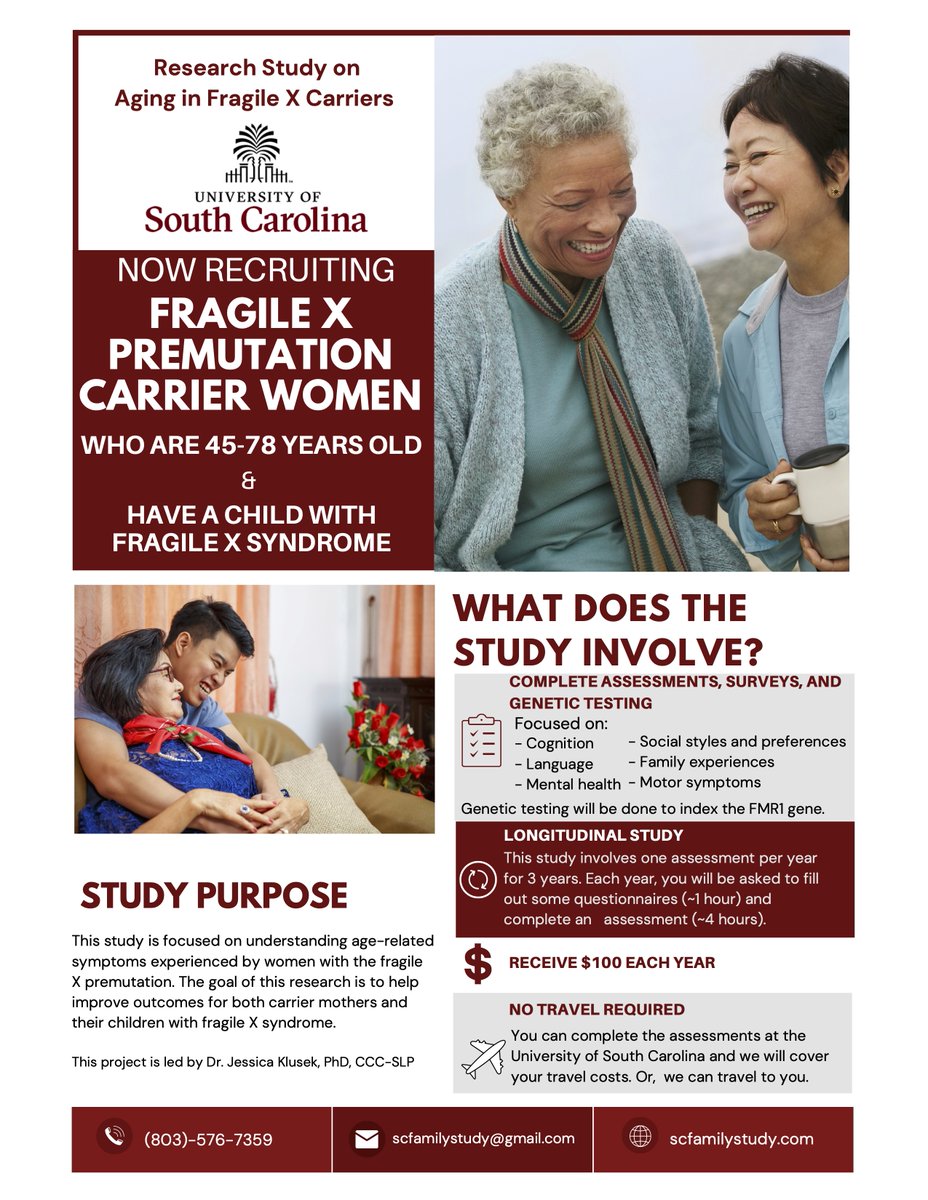 Hello, 

The SC Family Study Lab at USC is actively recruiting mothers who are carriers of the Fragile X Premutation in our new study! We focus on age-related experience in these mothers. Flyer attached for further reference! 

Please spread the word~
#FragileXResearch #FragileX