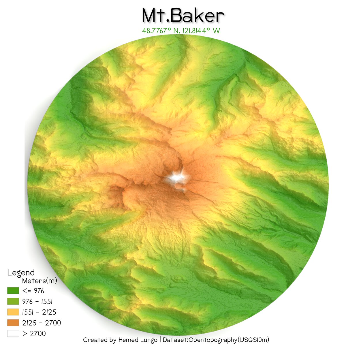 A Map🗺️Showing Mount Baker🏔️ found in Washington State,U.S🇺🇸Dataset from @OpenTopography USGS(10m). #MtBaker #USA #America #WashingtonState  #gischat #geospatial #blender #b3d #qgis #dataviz #Datavisualization (1/2)