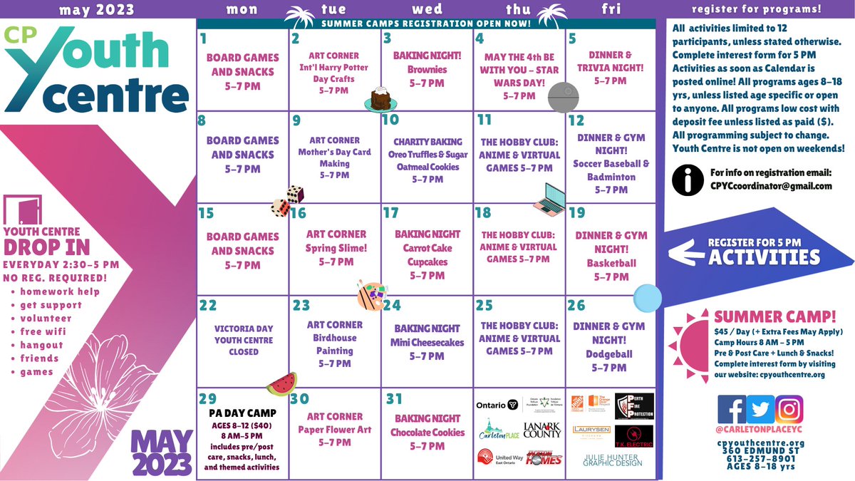 CarletonPlaceYC's tweet image. May 2023 Calendar and Interest Form is here! bit.ly/may23interestf… We will follow up with an email confirming days registered and waitlisted. For info on any programs or activities below please visit our website cpyouthcentre.org or email us cpyccoordinator@gmail.com