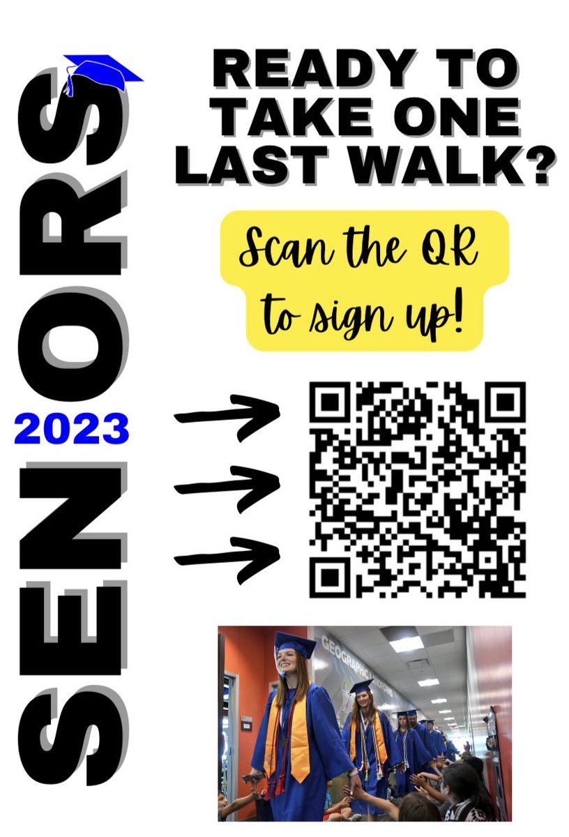 Seniors: Don’t forget to sign up for your Senior Walks! Scan the QR or visit bit.ly/cycreekseniorw… to sign up for the school you’d like to walk one last time! <a href="/cycreekhs/">Cy Creek High School</a> <a href="/VSnokhous/">vicki snokhous</a> <a href="/CyCreekBooster/">CyCreekBooster</a> <a href="/cycreekband/">Cy Creek Cougar Band</a> <a href="/CyCreekPress/">Cchspress</a> <a href="/cycreekstuco/">Cypress Creek StuCo</a>
