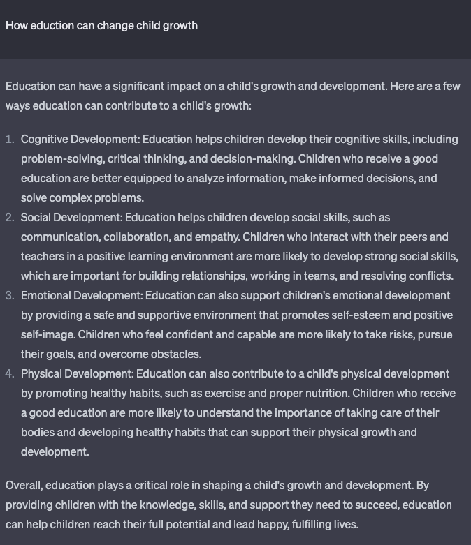 arpanps's tweet photo. Tried #ChatGPT with some basic questions about  #Education https://t.co/cSIuhGpO5W