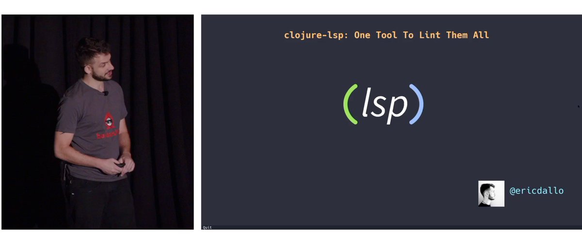 borkdude's tweet image. Nice shirt @ericdallo! Eric showing #clojure #lsp at #clojure_conj