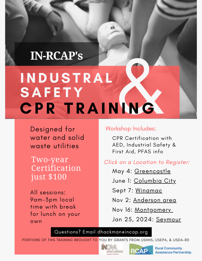 INRCAP's tweet image. We&apos;re hosting a series of Safety Workshops featuring CPR Certification for water &amp;amp; solid waste professionals statewide. Register today! #CPR #Safety #Drinkingwater #solidwaste #smallsystems #indianawater conta.cc/3LAG1G6