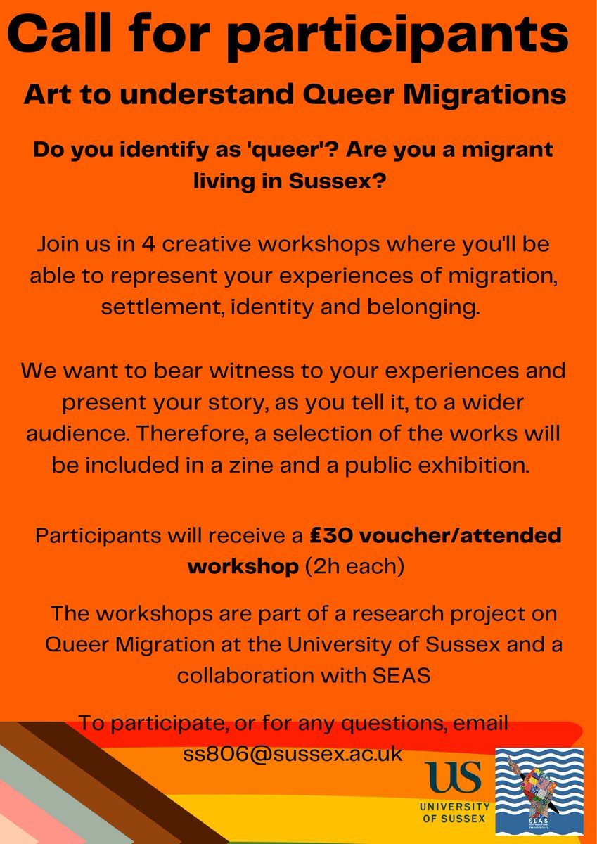 We still have a few places left to the creative workshops with LGBTQ+ migrants in Sussex, a collaboration with @brighton_SEAS, the University of Sussex and supported by @LedwardCentre Any question, please email ss806@sussex.ac.uk + Pls share!