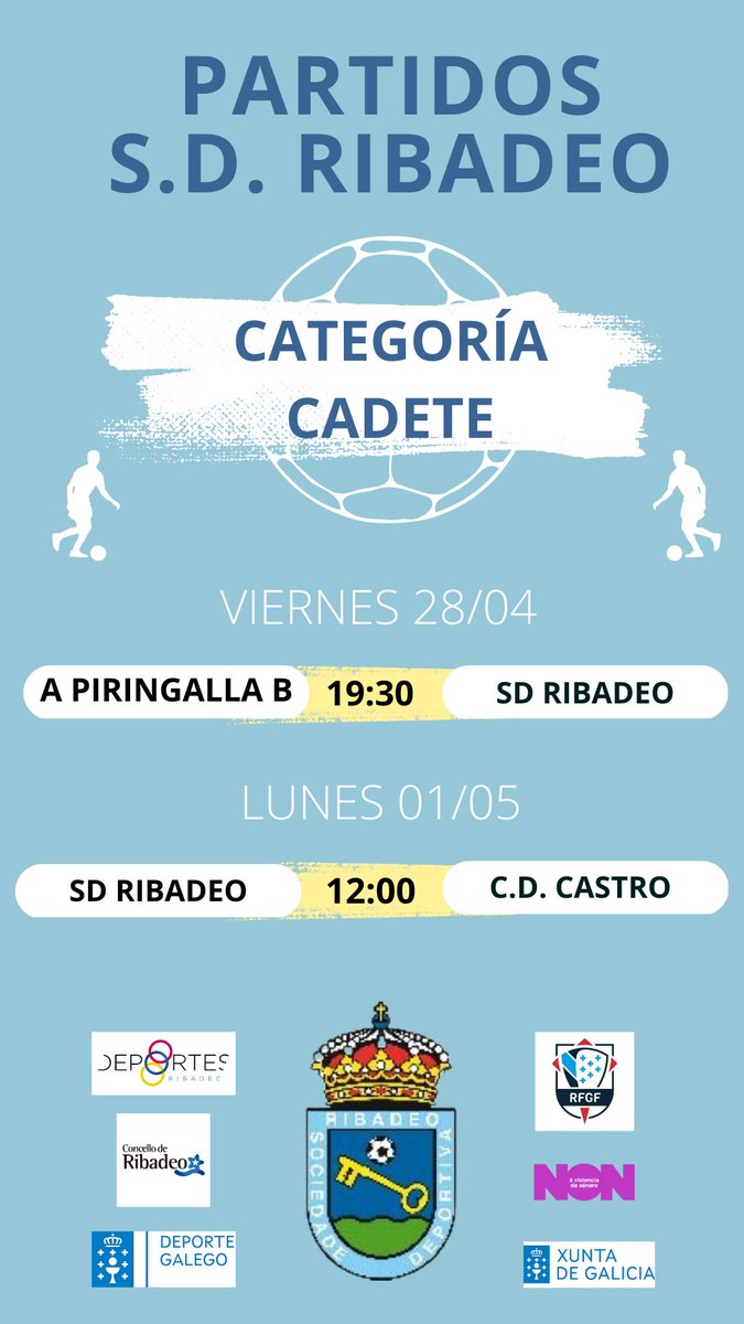 SD_Ribadeo's tweet photo. 🏟 Cantera | Canteira

SD Ribadeo 🔵⚪️ | Barres CF 🔴🔵

📝 Estes son los partidos que jugarán nuestros equipos este fin de semana. https://t.co/XiWdo56itk