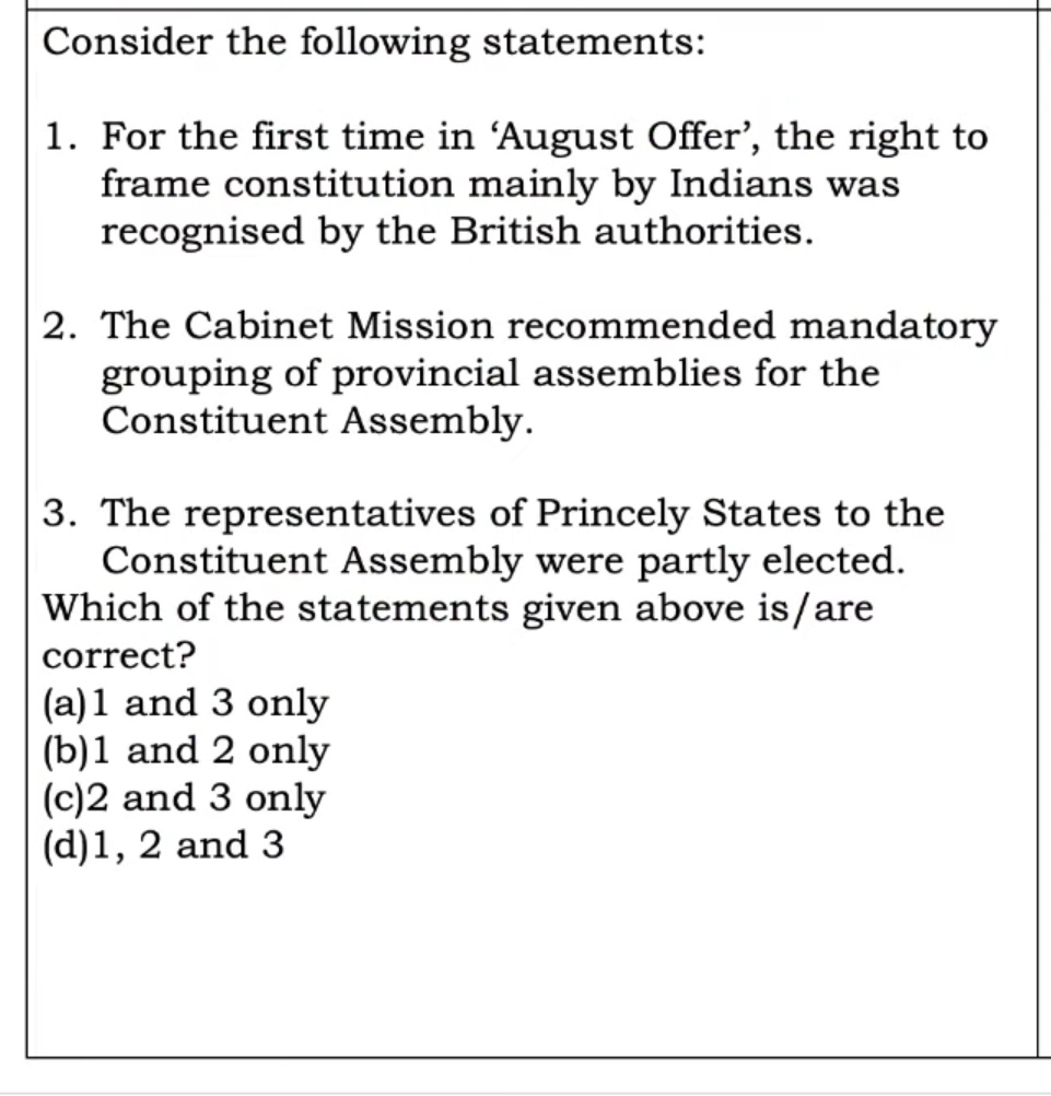 CSExamination's tweet photo. Solve this Practice Question to test your preparation level.

#UPSC #BPSC #UPPSC #HPSC #MPPSC #CGPSC #civilserviceexams #UPSCPrelims2023

[ Check this space tomorrow for the correct answer and necessary explanation ]

#AugustOffer  #CabinetMission  #History https://t.co/qmN3sgtNPw