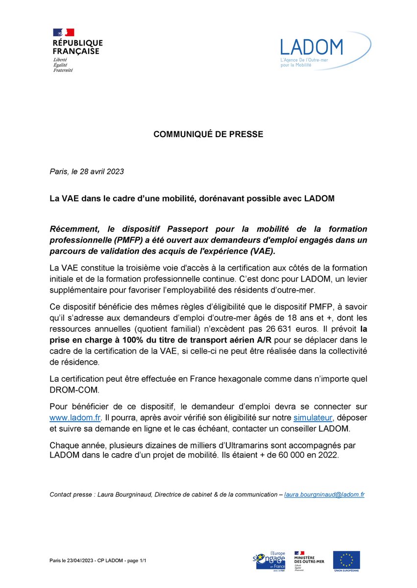 LadomOfficiel's tweet image. 📰 [COMMUNIQUÉ DE PRESSE] La #VAE dans le cadre d’une #mobilité, dorénavant possible avec #LADOM.
