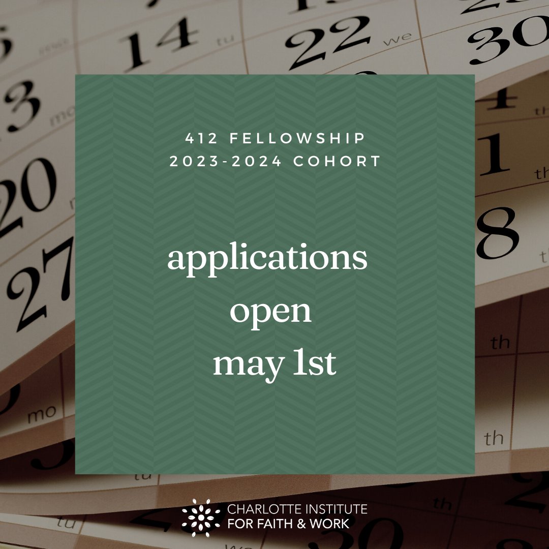 We'll be accepting applications for CIFW's 412 Fellowship program on Monday, May 1st! This 9-month faith, work and discipleship program is an affiliate of the Global Faith &amp; Work Initiative's Gotham Fellowship.

#ReimaginingWork #LoveYourNeighbor #CultureCare #CIFW #CharlotteNC