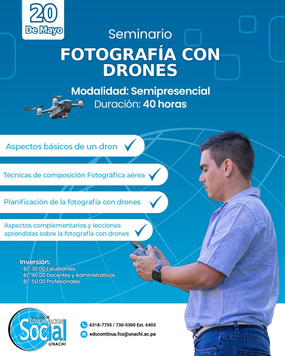 #RecorridoUNACHI <a href="/unachipanama/">UNACHI</a> La Unidad de Educación Continua de la Facultad de Comunicación Social – UNACHI anuncia las inscripciones para el Seminario de Fotografía con Drones Los interesados en realizar la inscripción pueden acceder a este enlace:  forms.gle/tDQoLva6aaTU9M…