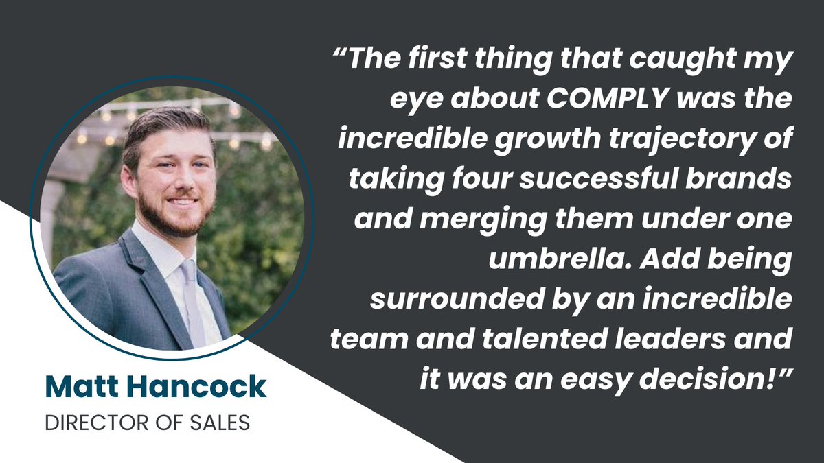 Please welcome COMPLY's new teammate, Director of Sales Matt Hancock! We are proud to add another hard-working leader to our roster.

Looking to join an incredible team like Matt? Check out our open roles. recruit.hirebridge.com/v3/CareerCente…