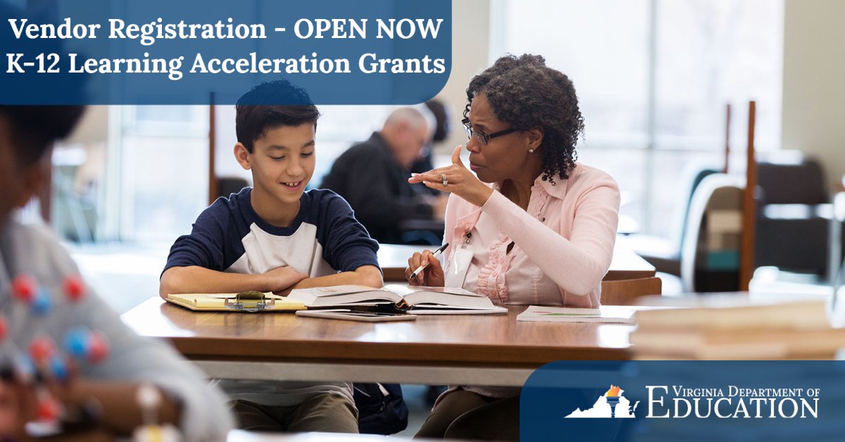 VDOE_News's tweet photo. VDOE is now accepting applications from tutors and education service providers interested in participating as vendors in the K-12 Learning Acceleration Grants program.
Learn more and apply at: https://t.co/8MHcZ5VyjI https://t.co/xCpn1RLKIH