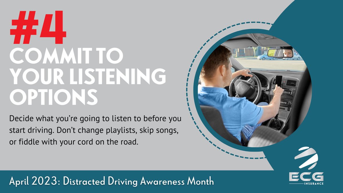 EcgInsurance's tweet image. Tip 4: Commit To Your Listening Options. Decide what you’re going to listen to before you start driving. Don’t change playlists, skip songs, or fiddle with your cord on the road. 

#ECGInsurance #InsuranceMadeSimple #KansasInsurance #CarInsurance #DistractedDriving