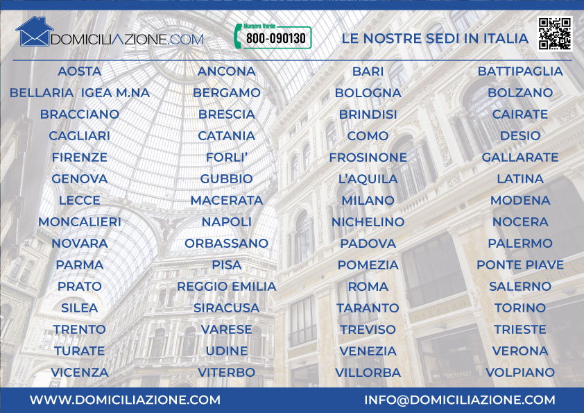 Devi domiciliare una ditta o un'impresa in Italia? 
Hai soltanto l'imbarazzo della scelta. Tutte le sedi sono in domiciliazione.com