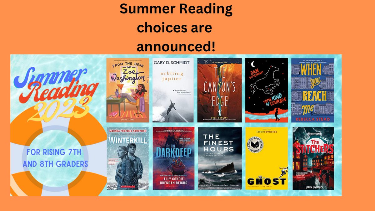 Summer Reading choices for rising DMS 7th and 8th graders have been announced.  Students will get their chosen books 3 days before school gets out from their ELA teachers. #summerisalmosthere #happyreading