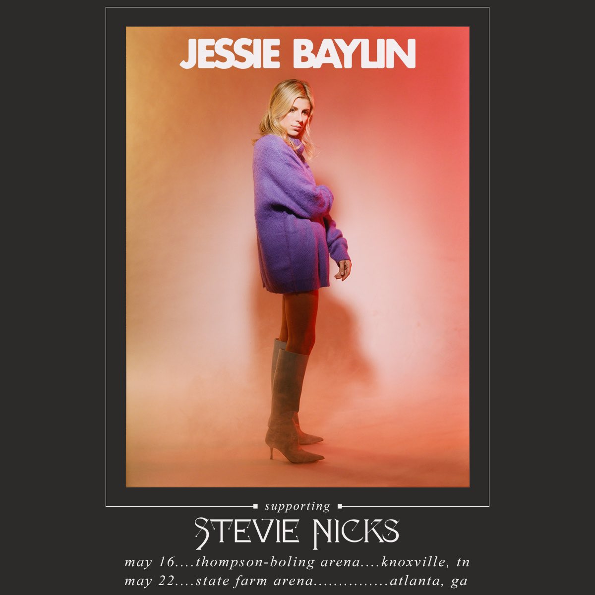 this is about as big as it gets for me- the tippy top of the mountain of dreams. I am thrilled to announce I’m opening for the queen of them all - <a href="/StevieNicks/">Stevie Nicks</a> ~ come see us in Knoxville + Atlanta xx