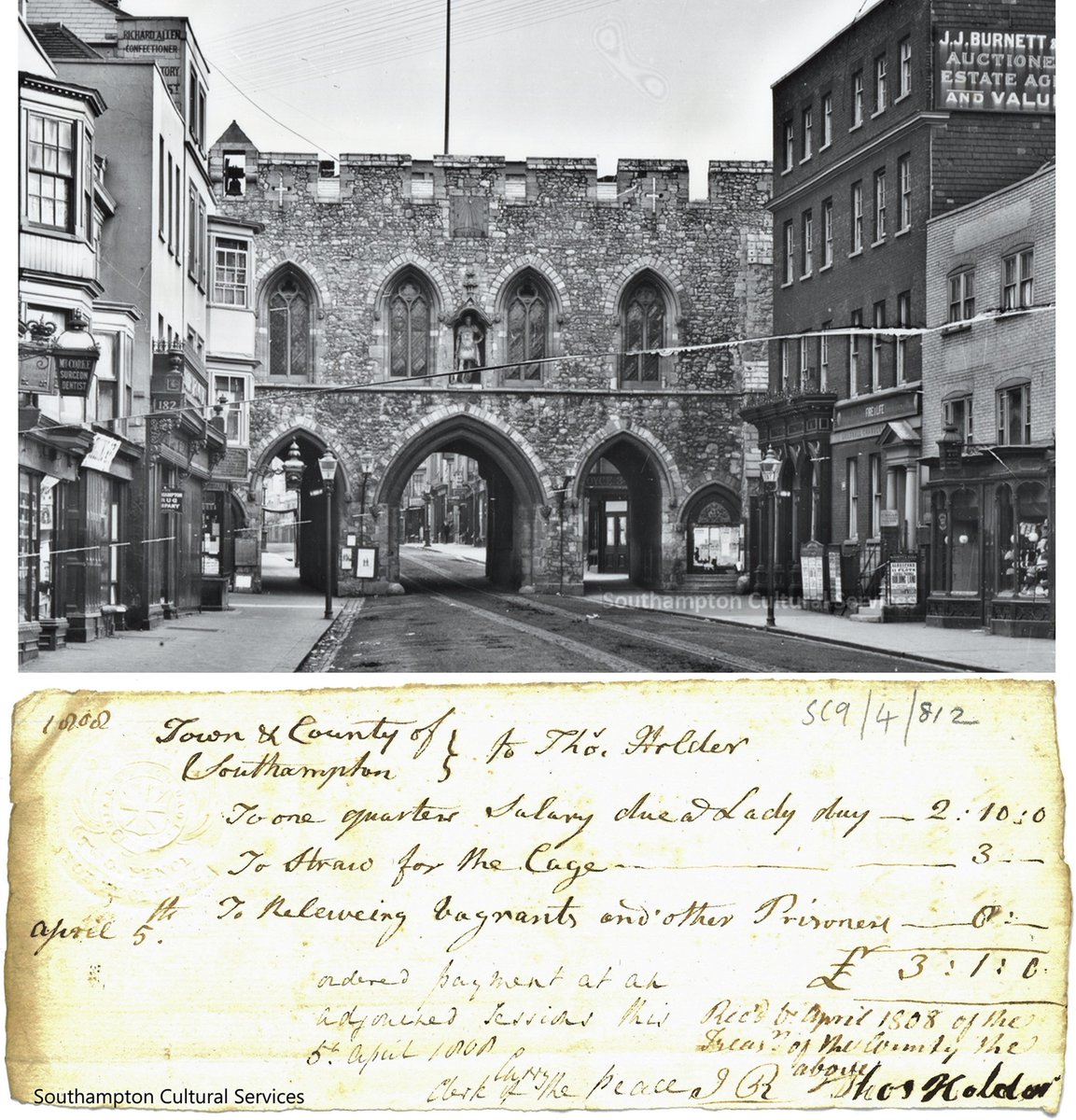 Did you know there used to be a #prison at the #Bargate called the Cage? This receipt from 1808 includes payment for “straw for the Cage” to provide some comfort to “vagrants and other prisoners” held there. 📷shows Bargate later in the #1800s #SotonAfterDark #Southampton