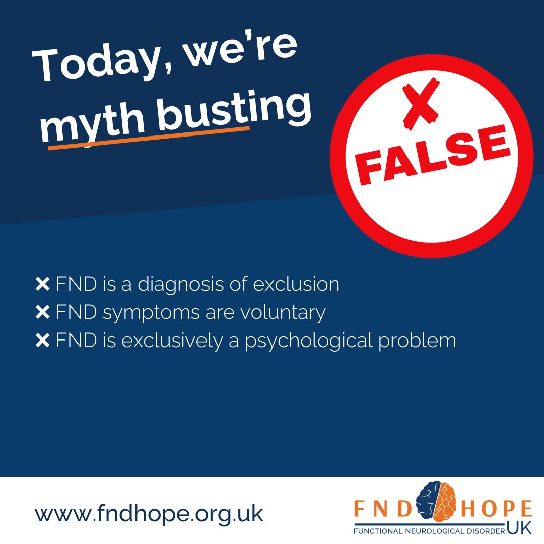 FNDHopeUK's tweet photo. π¦ Today, weβre myth busting
β FND is a diagnosis of exclusion
β FND symptoms are voluntary
β FND is exclusively a psychological problem
Discover all 10 myths about Functional Neurological Disorderπ https://t.co/xLTTMFvXrs
#AreYouFNDAware #FNDAwareness2023 https://t.co/gOJbejsdCQ