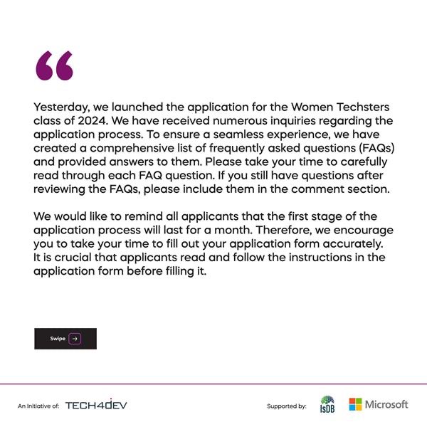 Tech4DevHQ's tweet photo. Attention aspiring Women Techsters Fellows!   If you're considering applying for the Women Techsters Fellowship, MAKE SURE TO READ THE INSTRUCTIONS ON THE APPLICATION FORM CAREFULLY.  If you have any questions about the application process, go through the FAQs  below👇🏾 https://t.co/kj9obIq6NZ
