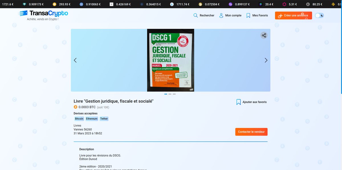 Un manuel de Gestion juridique, fiscale et sociale... Barbant mais c'est un must have si tu passes le DSCG !
Décroche ton épreuve pour 0.0003 BTC ! 👇

Retrouve-le sur : 
transacrypto.com/announce/43e66…

"Achète, vends en Crypto" 🚀
La marketplace française de petites annonces en crypto.