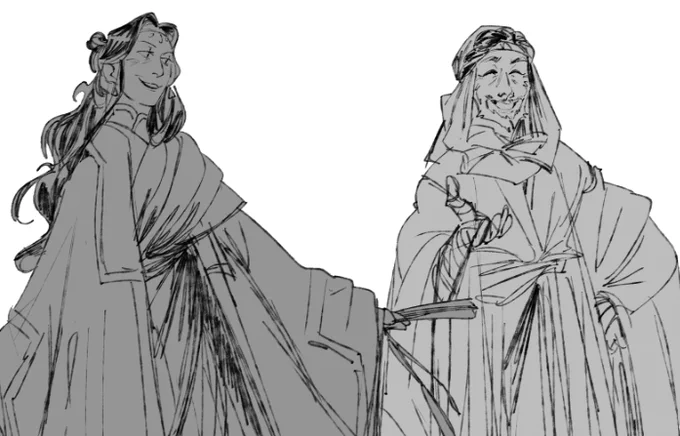 was drawing two of my ocs side by side and they look so meow meow and blorbo one is an alchemist and the other is a scholar/scribe