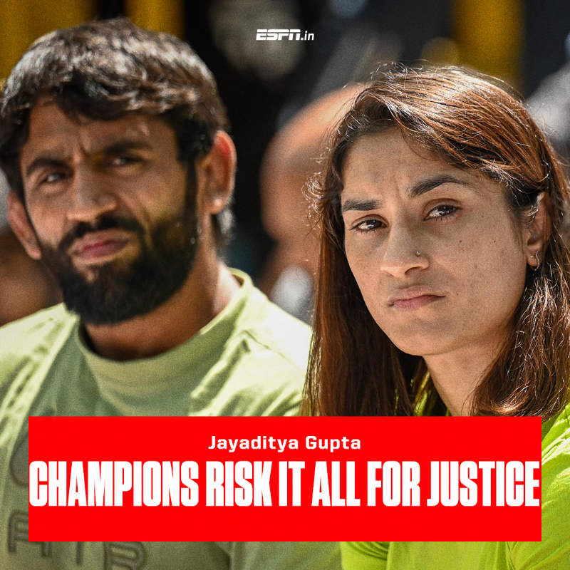 ESPNIndia's tweet photo. India's best wrestlers have risked it all in their pursuit of justice. In a damning indictment of the system and an unprecedented show of courage, they have now become champions of a greater game, writes @jayaditya.