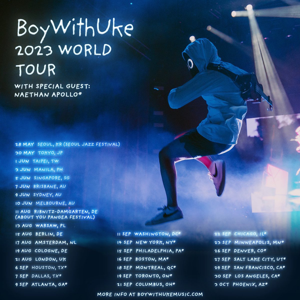 boywithukes's tweet photo. BOYWITHUKE 2023 WORLD TOUR

UK/EUR:
- ARTIST PRE SALE 5/2 10A LOCAL (pw: BOYWITHTOUR)
- LOCAL PRE SALE 5/4 @ 10A LOCAL
- PUBLIC ON SALE  5/5 @ 10A LOCAL

US:
- ARTIST PRE SALE 5/1 10A LOCAL (pw: BOYWITHTOUR)
- LOCAL PRE SALE 5/4 @ 10A LOCAL
- PUBLIC ON SALE 5/5 @ 10A LOCAL https://t.co/DV2r7v77zn