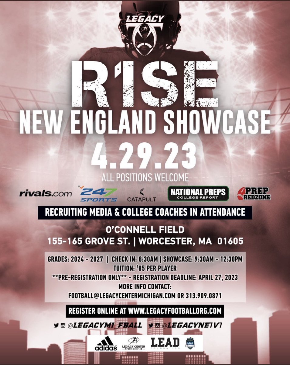 BrodyDeffley's tweet photo. I will be attending tomorrow! @LegacyNE7v7 @Legacy_Recruit @PRZNewEngland @Rivals @247Sports @nationalpreps @RivalsFriedman @UMASSDCoachMcC @CorsairFootball @AssumptionFB @EndicottFB @WPIAthletics @FSUFalconsFB @NCbison_FB @UofRFootball https://t.co/J1bKSpdDRf