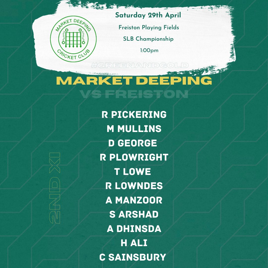 DeepingCC's tweet image. TEAM NEWS🏏

The 1s welcome @GrimsbyTown_CC with a couple of changes following last week’s victory.

The 2s look to bounce back after a disappointing start as they travel to @FreistonLLCC 

🟢🟡

#greenandgold