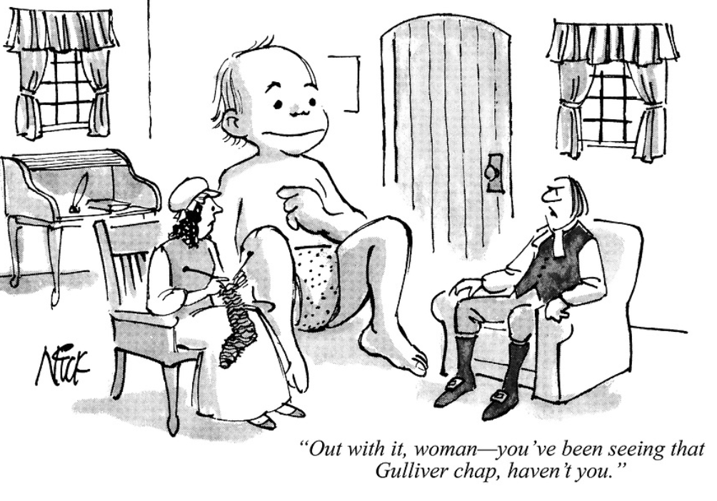 “Out with it, woman—you’ve been seeing that Gulliver chap, haven’t you” #punchmagazine #punchcartoons #illustration #drawing #art #cartoonart #publishing #britishhumour #1980s #fleetstreet #NickHobart #adultery #Gulliverstravels #fairytale #baby #parenting